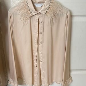 Elegant Cream Feather Collar Blouse